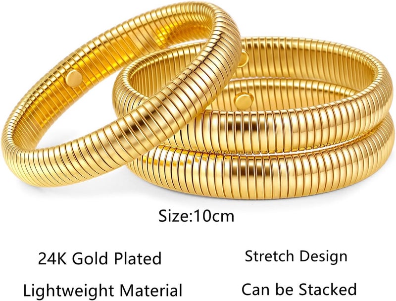 JUNYANGY Gold Bangles for Women Set of 3 Chunky Stretch Bangles Bracelets 24K Gold Plated Stainless Steel Bracelets Flexible Wide Stack Bracelets Designer Look Alike Jewelry for Women - Image 5
